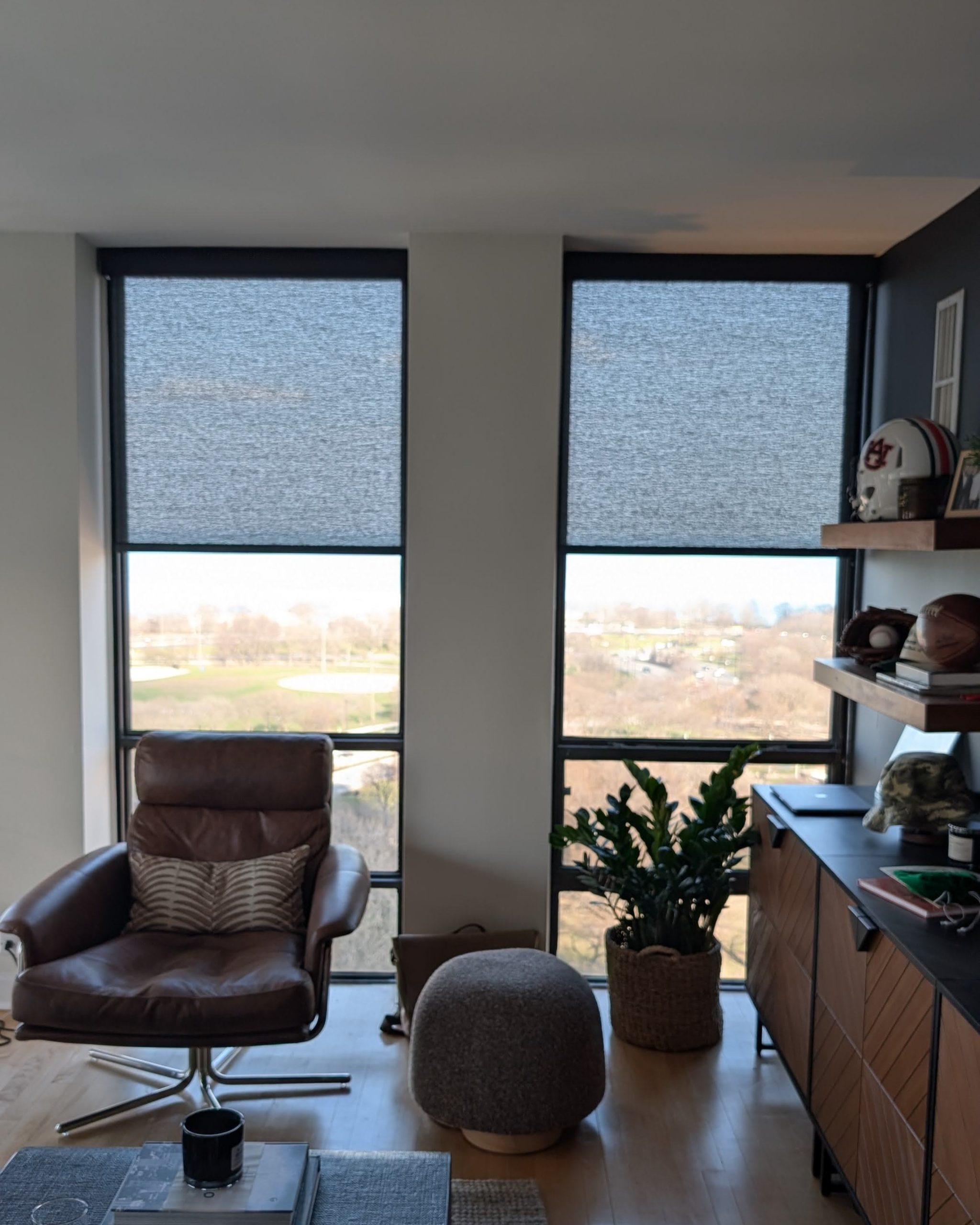 Bright living room with two large windows, a brown leather lounge chair, and a tall plant by a wooden cabinet with a sports helmet on top.