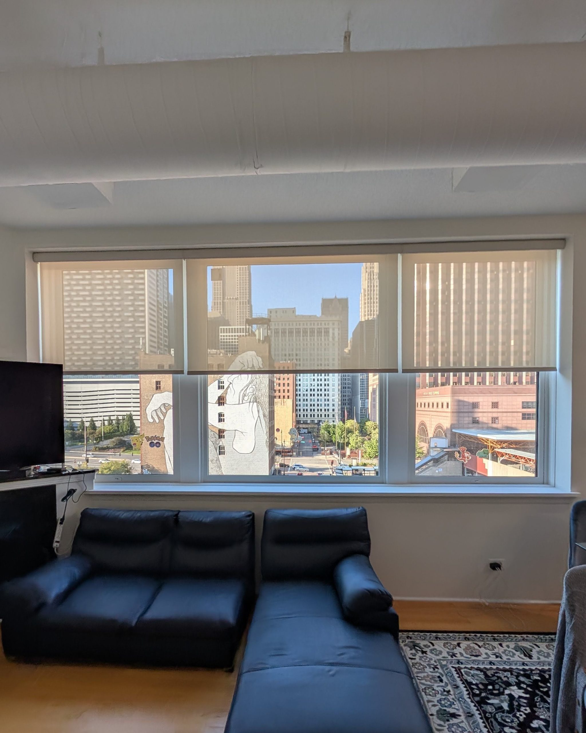 Living room with a black sectional sofa facing a large window overlooking a city skyline.