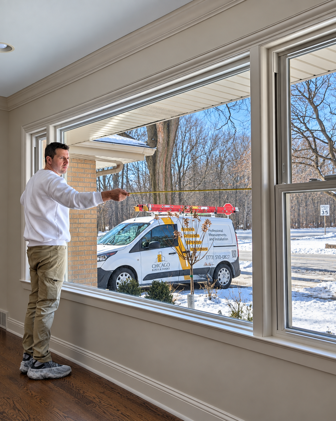 Man in a white hoodie measuring a large window with a tape measure from inside a home; a service van is parked outside in the snowbed area outside.