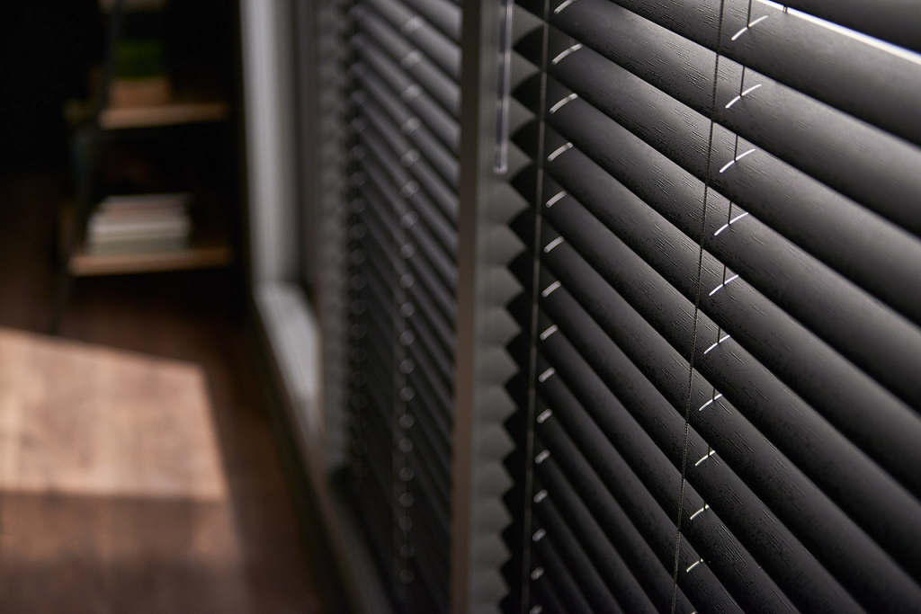 Close-up of dark horizontal window blinds with narrow light slits between slats in a dim room (left shelves blurred).